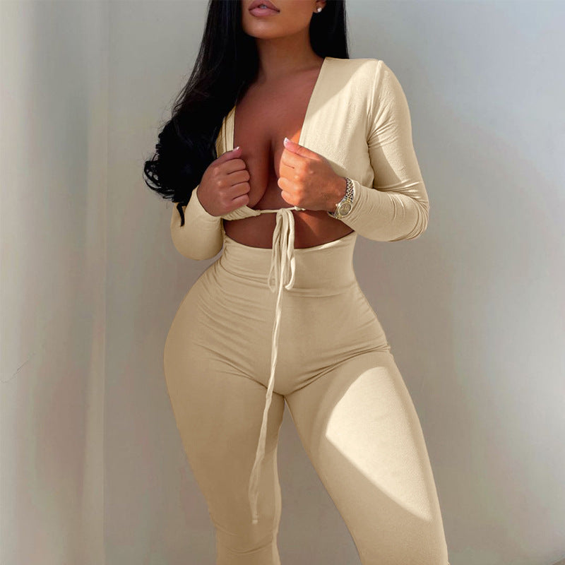 Lace-up Hollow Long-sleeved Jumpsuit